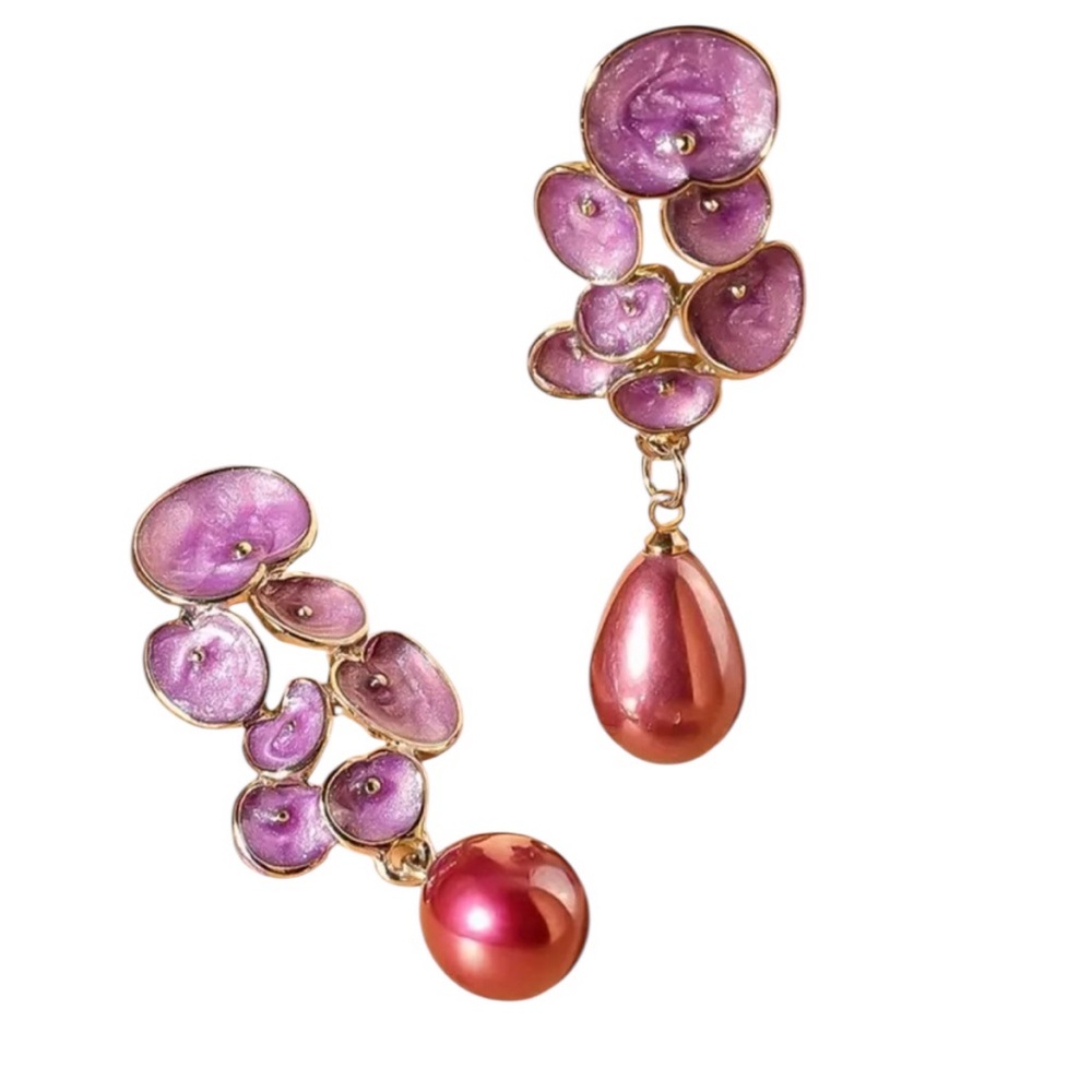 Purple Floral Faux Pearl Dangle Earrings